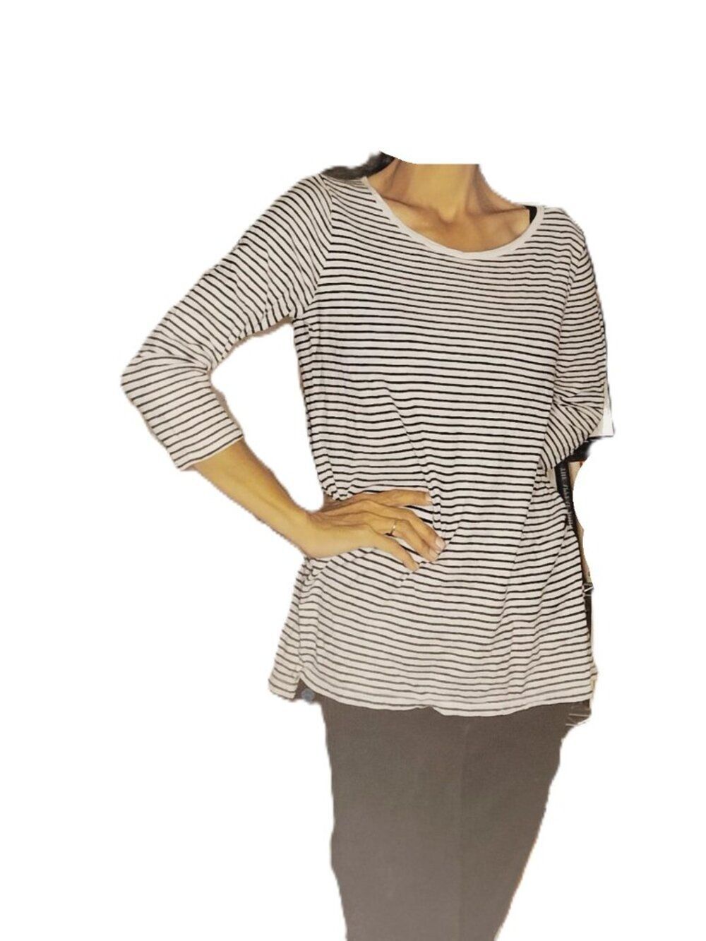 Crown & Ivy Black White Striped 3/4 Sleeve Top Size M | Boat Neck & Side Slits